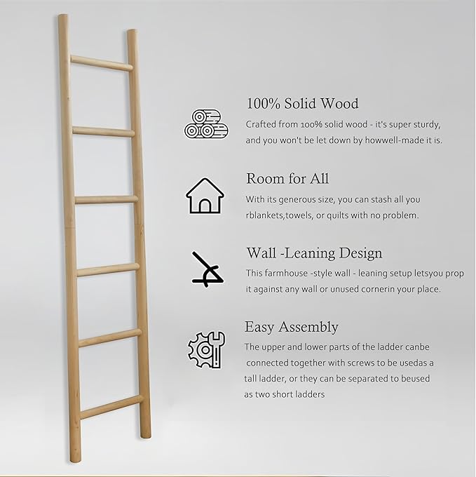 Wooden Blanket Ladder - 76in Natural & Motley Wood - Leaning Wall Decor for Bedroom, Bathroom, Living Room - Rustic Quilt Hol
