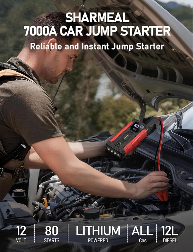 Sharmeal Car Jump Starter 7000A, Jump Starter Battery Pack with PD 30W Quick Charger, 12V Portable Jump Box (for All Gas and