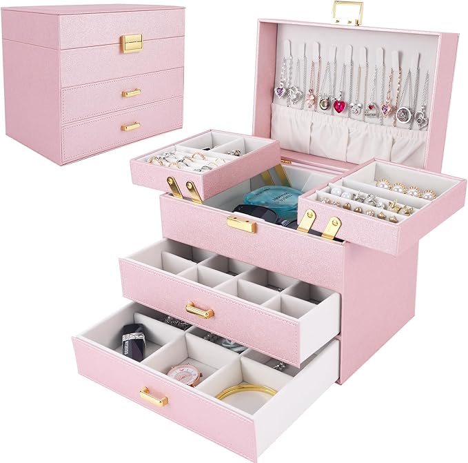 Dajasan Jewelry Organizer Box, Large Jewelry Boxes for Girls, Space-Saving 4 Layers Jewelry Storage Case with Drawer, Gift fo