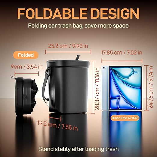 Trash Can for Car Garbage: Leakproof Silicone Car Waste Bin w/Lid for Drivers and Passengers; 2 Gallon Garbage Container for Vehicle, Sedan, SUV, Van, MPV & Truck (Black)