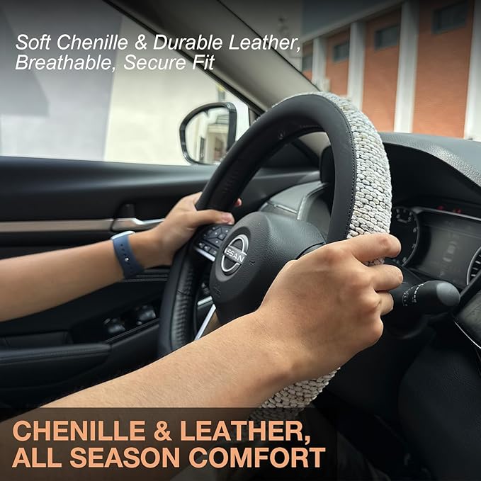 PINCTROT D Shaped Chenille Leather Steering Wheel Cover, Soft Mottled Colors, Sweat-Proof, Non-Slip Grip, All-Season Comfort,