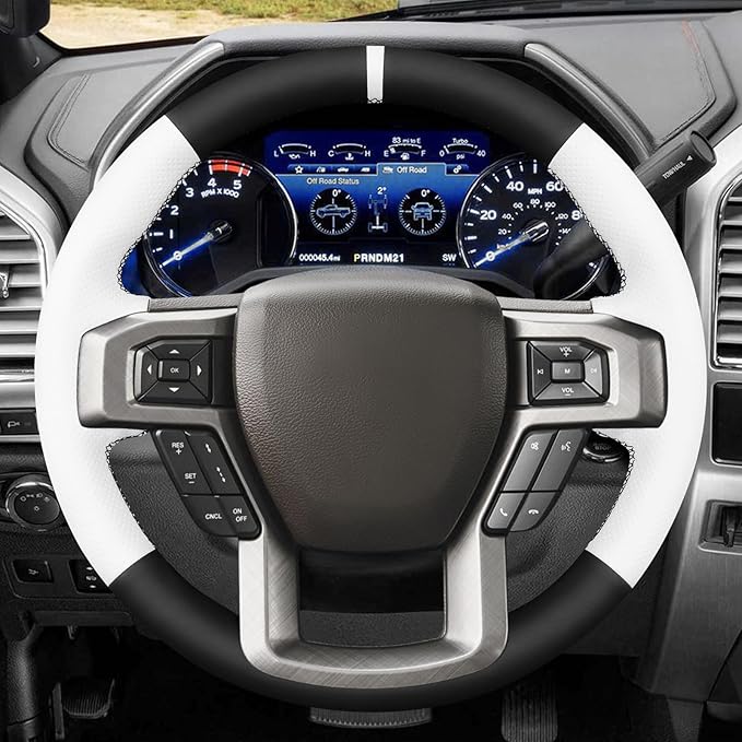 MEWANT Hand Sewn Black White Artifcial Leather Steering Wheel Cover Wrap for Ford F150 F250 F350 Expedition 2018-2021