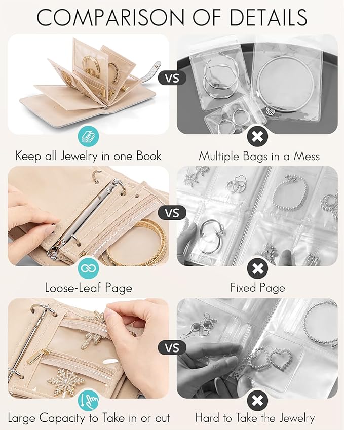 Vlando Travel Jewelry Organizer Case,Travel Gifts for Women,Portable Jewelry Storage Book Ring Binder with Clear Zipper Velve