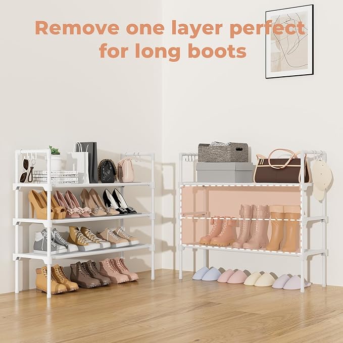 LANTEFUL 3 Tier Shoe Rack for Closet, Shoe Organizer with 5 Hooks, Long Shoe Shelf Storage for Shoe and Boot Stackable Free S