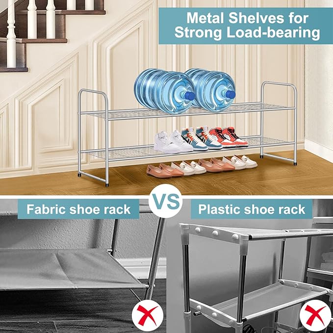 AOODA 2 Tier Long Metal Shoe Rack for Closet Wide Stackable Shoe Storage Organizer 18-Pairs Low Small Sneaker Rack for Entryw