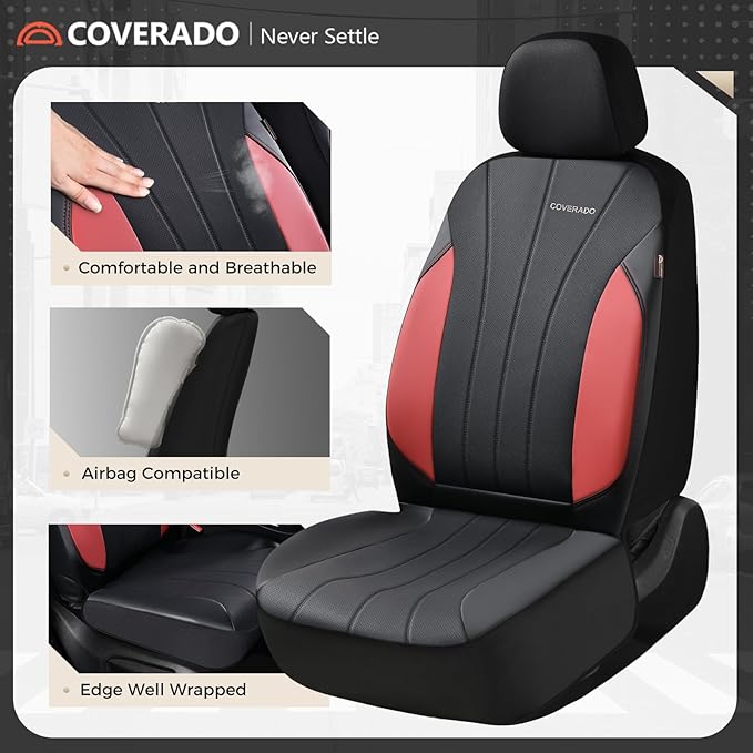 Coverado Seat Covers Full Set, Automotive Car Seat Protectors 5 Seats, Red Driver Protectors Universal Fit for SUVs, Trucks, 