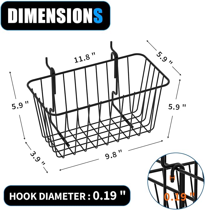 11.8" L x 5.9" D x 5.9"H - 6 pcs Black Wire Baskets for GridWall and SlatWall - Merchandiser Baskets,Grid wall Shelves Hangin