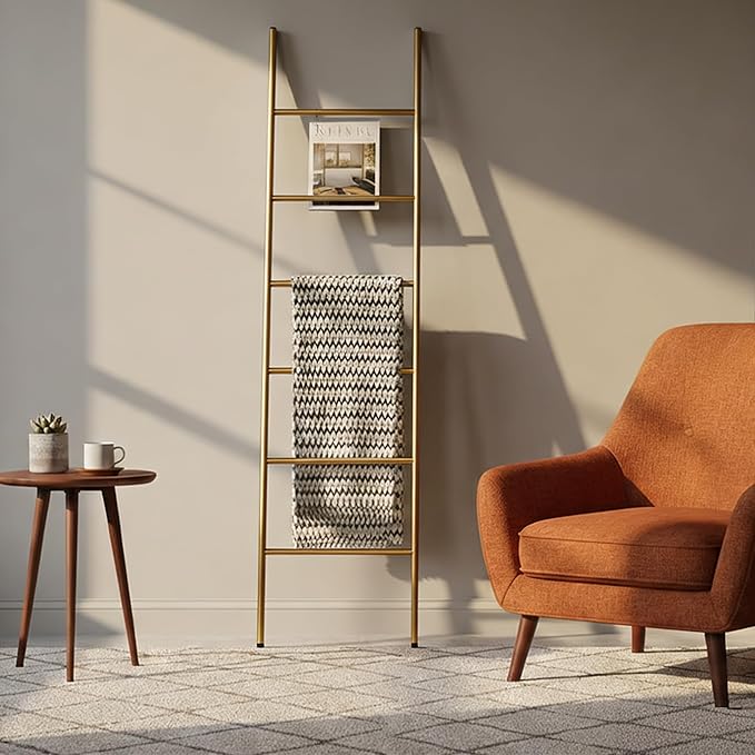 6-Tier Blanket Ladder 68 Inch Wall-Leaning Towel Rack for Living Room and Bedroom, Easy Assembly - Gold