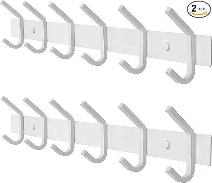 White Coat Rack Wall Mount – 17 Inch Stainless Steel Hook Rail with 6 Heavy Duty Double Coat Hooks – Wall Mounted Coat Hanger