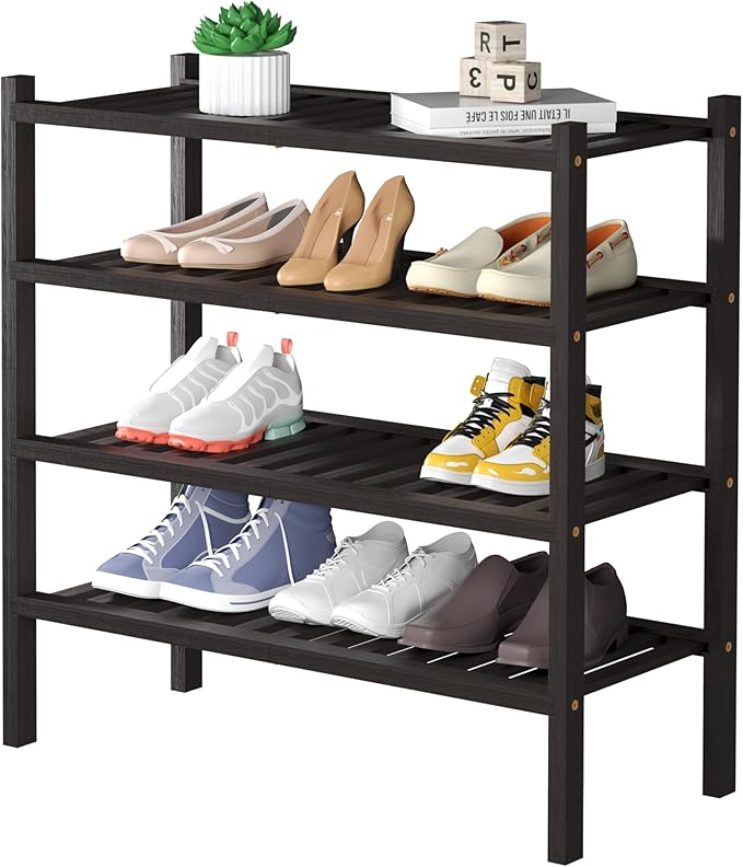 ROMGUAR CRAFT 4 Tier (Thick) Bamboo Shoe Rack for Closet Free Standing Wood Shoe Shelf for Entryway Small Space Stackable 27"