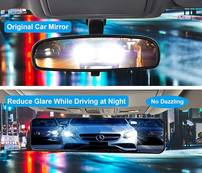 Universal 11.4 Inch Clip On Rearview Mirror - Anti Glare, Wide Angle - Convex - Blue Tint (Bonus 2 PCS Blind Spot Mirrors)