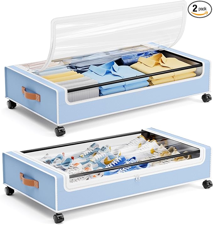 Yecaye Under Bed Storage with Wheels, 2 Pack Under Bed Storage Containers, 60L Underbed Shoe Storage with Clear Window & Labe
