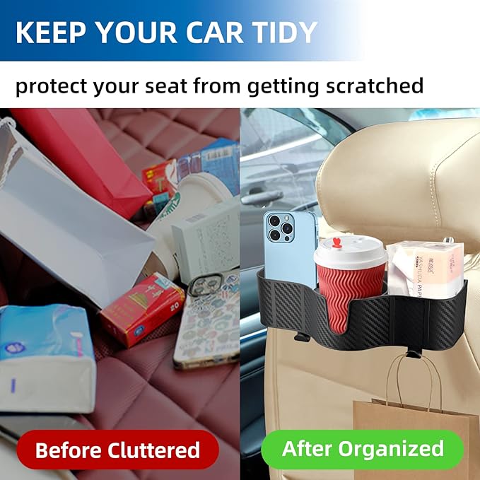 3-in-1 Car Headrest Backseat Organizer with 3.7" Backseat Cup Holder for Car, Seat Back Organizer with Hooks (2pc)