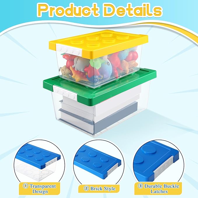 Vicenpal 4 Pack Toy Storage Containers with Lids Brick Shaped Kids Toy Organizer Box Plastic Clear Stackable Bin Chest for Bu
