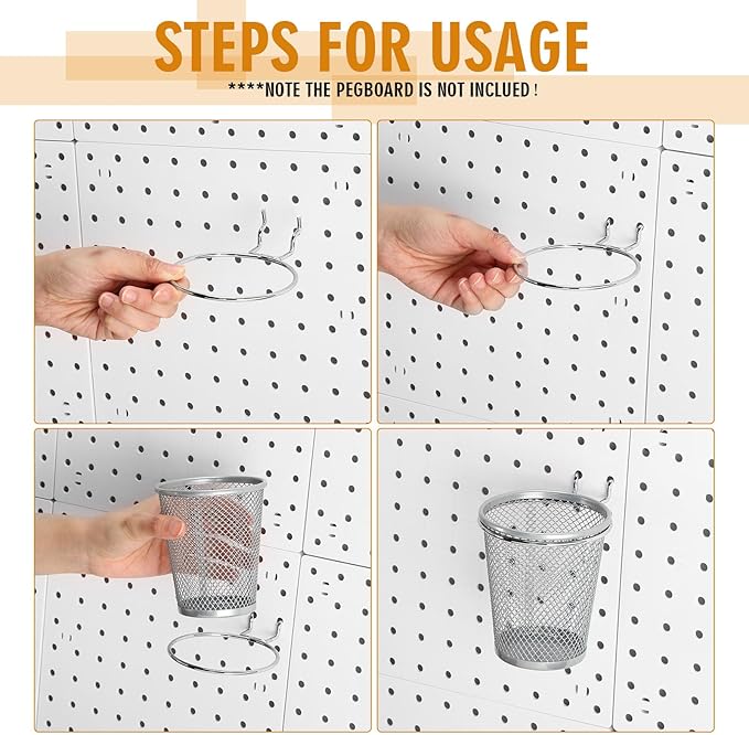 Spakon 6 Sets Pegboard Cups with Ring Hook, Peg Board Baskets Bin Holder Organizer Accessories Pegboard Pencil Cup Multipurpo