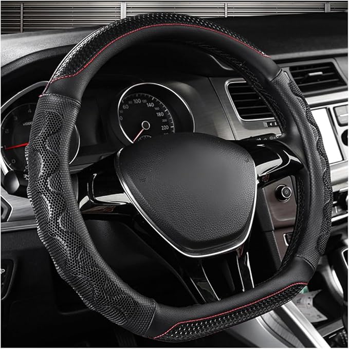 Yourkar Car Steering Wheel Cover, 15 Inch Leather D-Shaped Comfy Grip Steering Wheel Protector, Anti-Slip Steering Wheel Cove