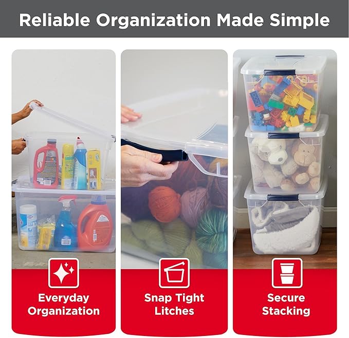 Rubbermaid Cleverstore Clear 32 Qt, 6 Pack Stackable Plastic Storage Bins with Lids, Great for Closet and Laundry Storage, Or
