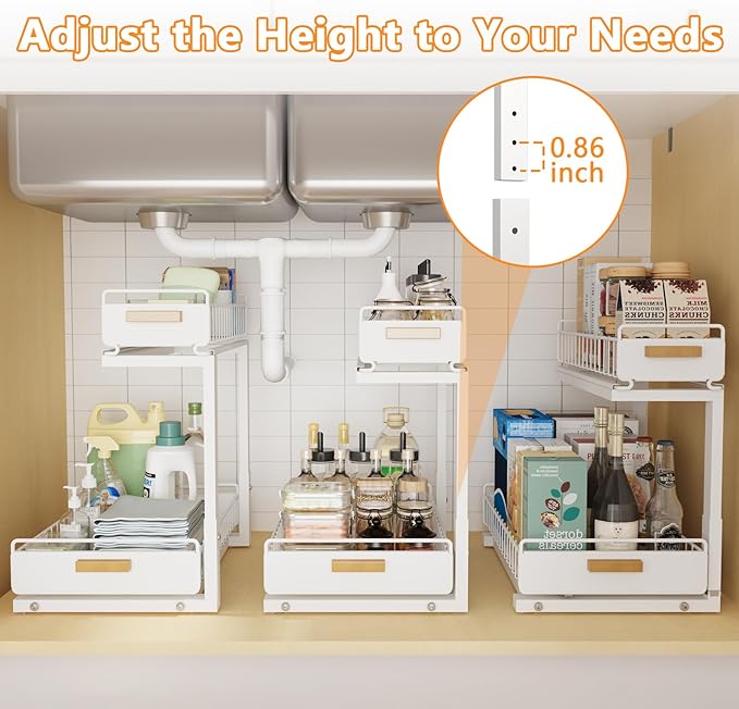 2 Pack Under Sink Organizer with Ball Bearing Sliding Drawer, Heavy Duty Pull Out Cabinet Organizer, 2 Tier Adjustable Storag