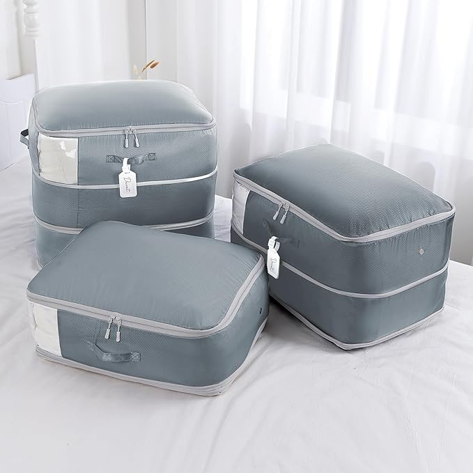 Comforter Storage Bag - Large Capacity Blanket Storage Bags 3-Layer Ultra Space Saving Self Compression Organizer, Washable C