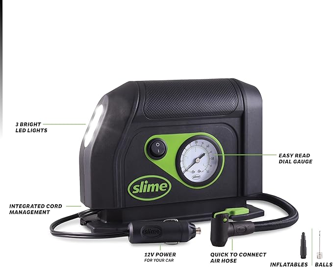 Slime 40050 Tire Inflator, Portable Car Air Compressor, with Analog 100 psi Dial Gauge, Long Hose and LED Light, 12V, 8 min Inflation