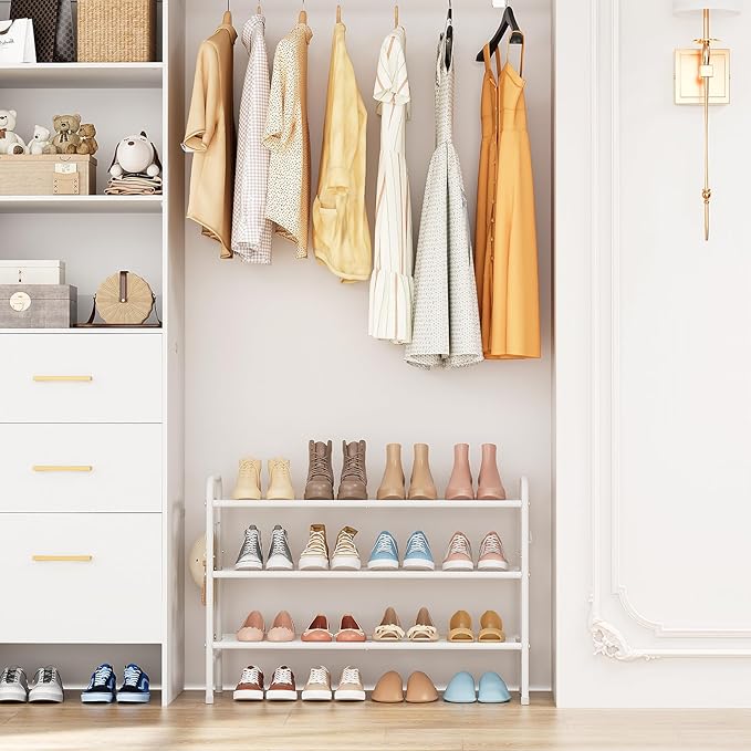 VILICK 3 Tier Shoe Rack 33" Wide Metal Shoe Organizer Long Shoe Storage with 4 Side Hooks Sturdy Shoes Shelf for Front Door E