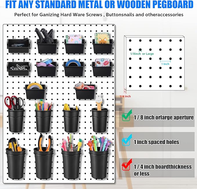 Sieral 64 Pieces Pegboard Bins Pegboard Cups with Hooks and Loops Peg Hooks Assortment Organizer Accessory for Organizing Acc