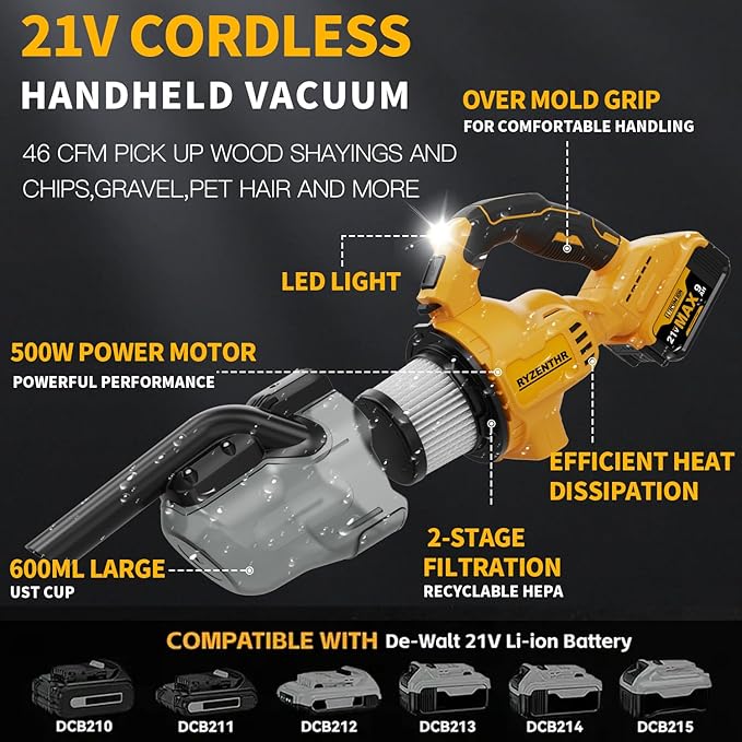 Cordless Vacuum for DE-Walt 20V Battery, 5-in-1 Handheld Electric Vacuum Cleaner with 500W Powerful Motor, 46 CFM Portable Ha
