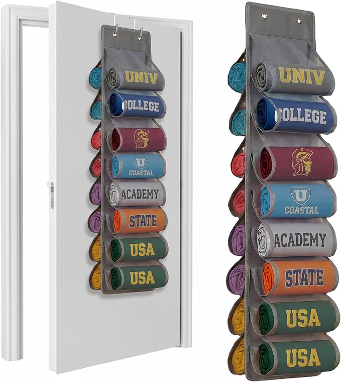 Over the Door Hoodie Organizer, Double Sided Holds 16 Hoodies, Gray Hanging Storage with 2 Hooks and Rope for Door Closet Cab