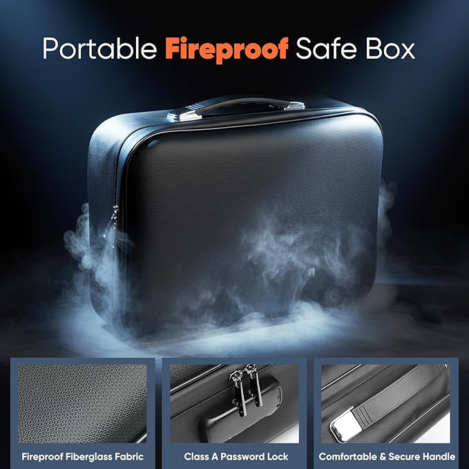 Fireproof Document Box, Hard Case Design Waterproof & Fireproof File Organizer with Lock and 13 Pocket Accordion File Folder,