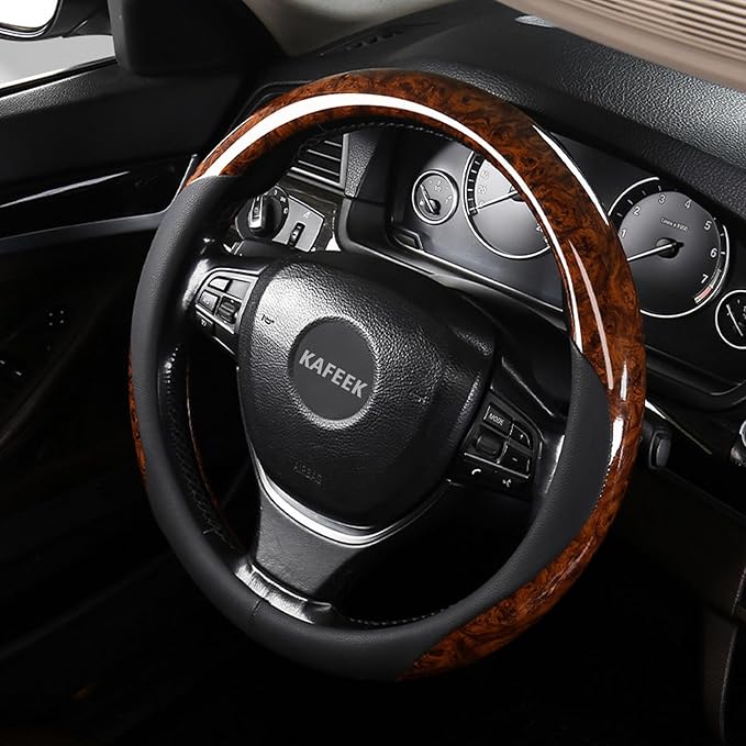 KAFEEK 16 inch Steering Wheel Cover for Ford F150 F250 F350 Ram 4Runner Tacoma Tundra Range Rover, Car Wood Grain Steering Wh