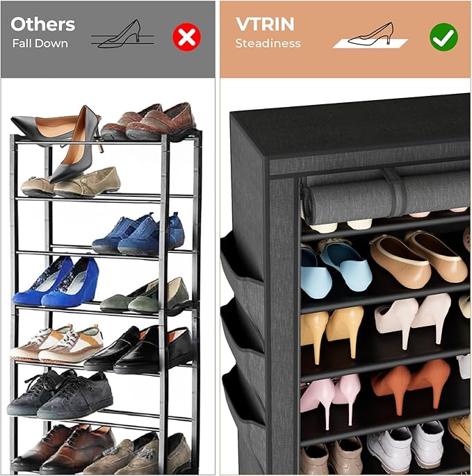 VTRIN Vertical Narrow Shoe Rack Organizer Tall Shoe Rack for Closet Entryway 10 Tier Non-Woven Cover Shoe Shelf Holds 36-41 P