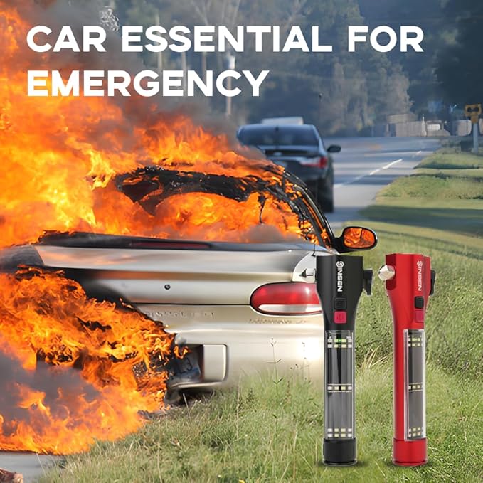 SINSEN Car Safety Hammer Flashlight, Tactical Emergency Rescue Tool, LED High Lumens Rechargeable Solar Powered Escape Kit, W