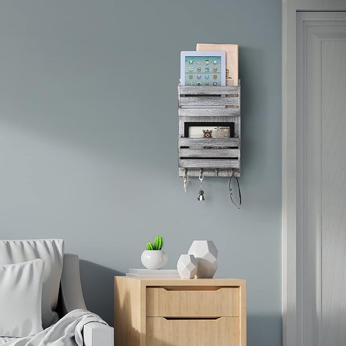 BTY Mail Sorter Wall Mounted, Wooden Mail Holder with 4 Key Hooks, 2 Slot Letter Bills Newspaper Magazine Organizer for Entry
