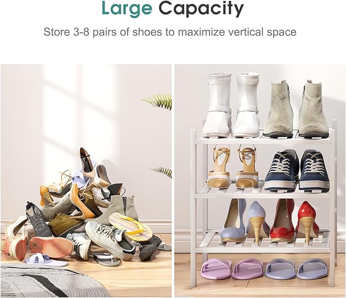 viewcare Small Shoe Rack for Entryway, White Shoe Organizer for Closet, Bamboo Wood Standing Shoe Shelf for Indoor Outdoor (W