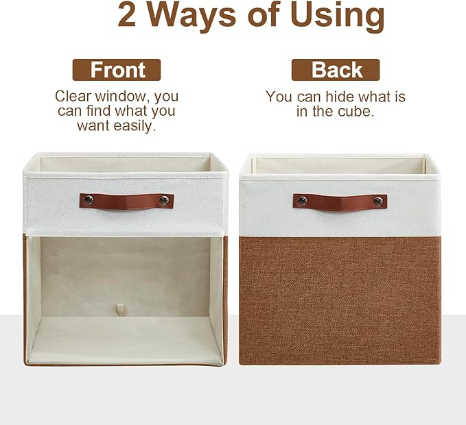 Bagnizer Storage Cubes, 4 Pack Linen Foldable Storage Bins (13 x 13 inch) with Clear Window and Handles, Fabric Organizer for