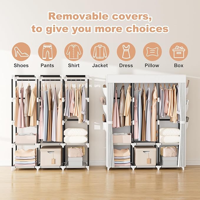 VTRIN Portable Closet Wardrobe for Hanging Clothes Closet with Cover, 3 Hanging rods, 6 Storage Shelves and Side Pocket, Diam