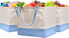 Reusable Grocery Bags Heavy Duty, 8.3 gal Foldable Large Canvas Tote Bag with Handles, Holds 60 lbs Canvas Shopping Bags, 3 Pack（Off White+Light Blue）