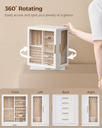 Glimmloop 360° Rotating Jewelry Box with 5 Drawers, Spacious Vertical Jewelry Organizer with Glass Window, Jewelry Storage Ca