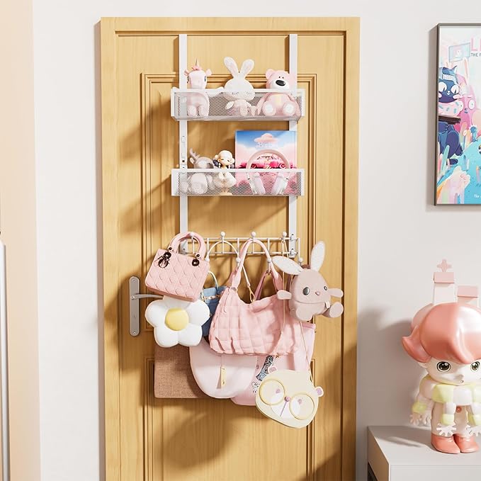 Consumest Over The Door Organizer Hooks, Door Hanger with 9 Coat Hooks & 2 Mesh Basket, Rustproof Back Storage Organizer for 