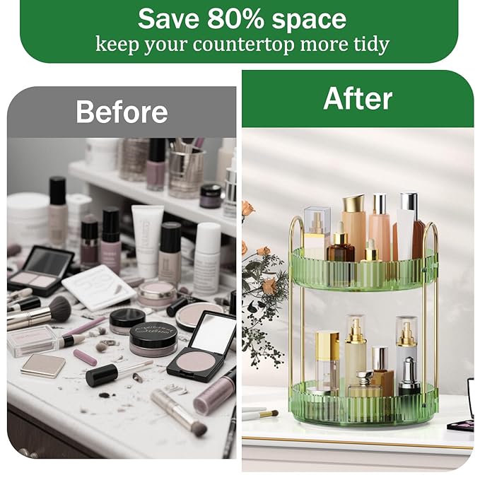 MOKANI 360 Rotating Makeup Organizer for Vanity, 2 Tier Adjustable Perfume Organizer for Dresser, Multi-Function Spinning Cos