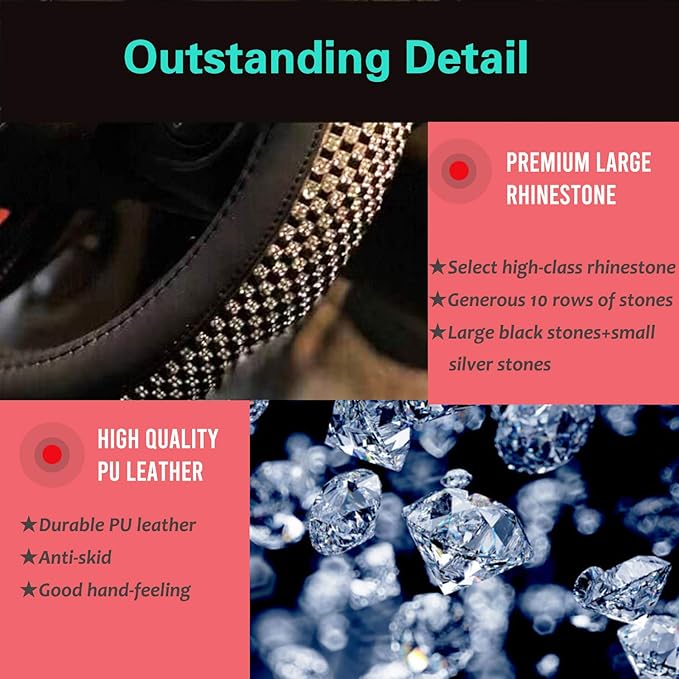 PINCTROT Large Size Bling Comfy Steering Wheel Cover with Jumbo Crystal Rhinestones, Anti-Slip Diamond Leather, 15.5-15.75 Inch (Black)
