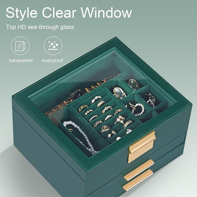 Somduy Jewelry Box Organizer for Women,3 Layers PU Leather Jewelry Storage Display Box with Glass Lid,Gift for people,3 Drawe