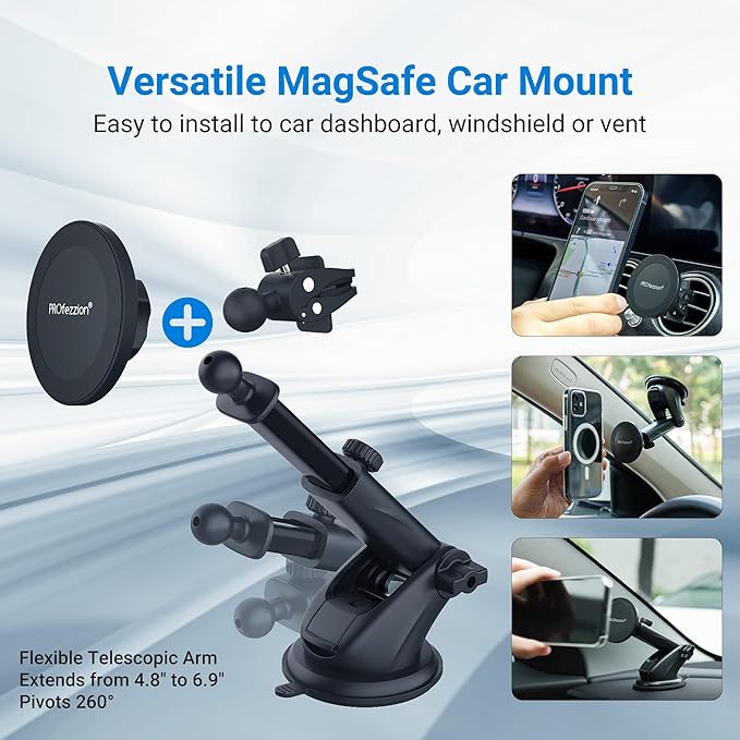 PROfezzion Suction Cup & Vent Clip Combo Magnetic Phone Holder Compatible with MagSafe on Car Dash, Windshield or Vent for iPhone 17 16 15 14 13 Pro Max, Mag-Safe Case & All Phones [Telescopic Arm]