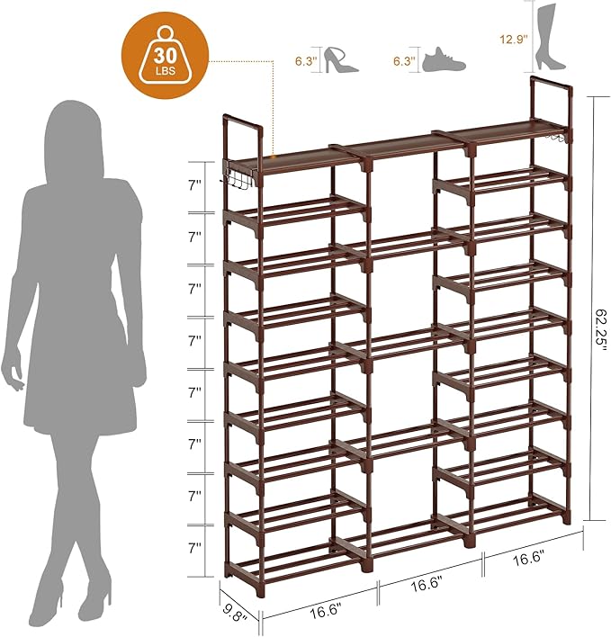WOWLIVE 9 Tiers Shoe Rack Shoe Storage Shoe Organizer 30-35 Pairs Shoe Tower Unit Shelf Durable Metal Pipes with Plastic Conn