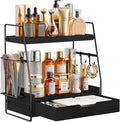 2-Tier Bathroom Counter Organizer with Drawer & Removable Basket, Wood & Metal Vanity Organizer for Skincare, Makeup, Perfume