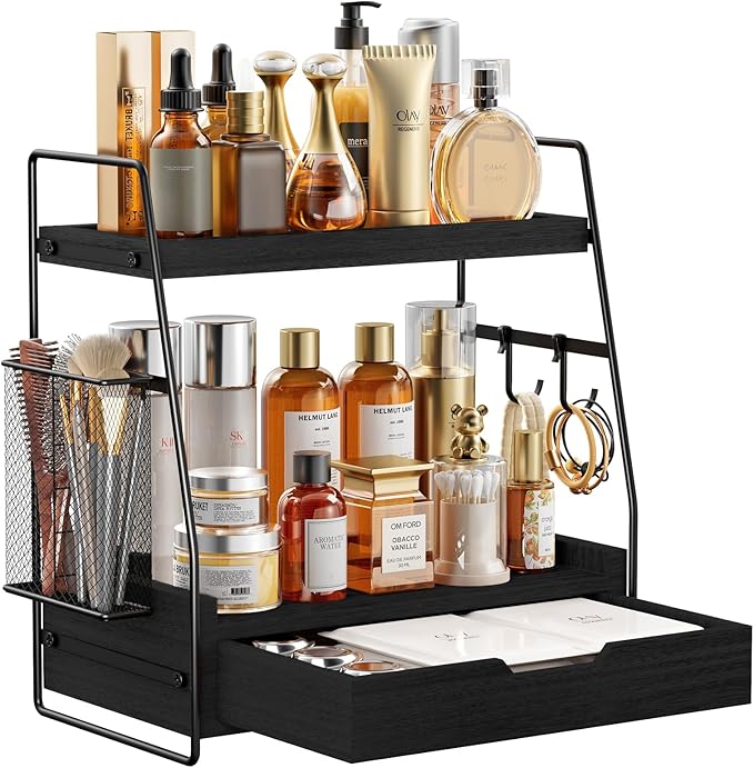 2-Tier Bathroom Counter Organizer with Drawer & Removable Basket, Wood & Metal Vanity Organizer for Skincare, Makeup, Perfume