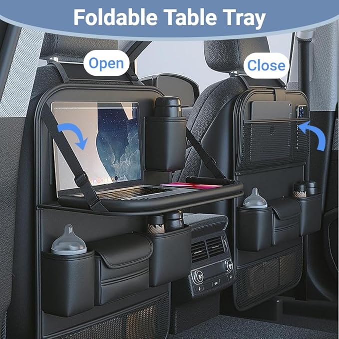 2 Pack Leather Car Backseat Organizer with Foldable Table Tray, Car Seat Back Protector Kick Mats with Tablet Holder, Travel Accessories Storage Organizer
