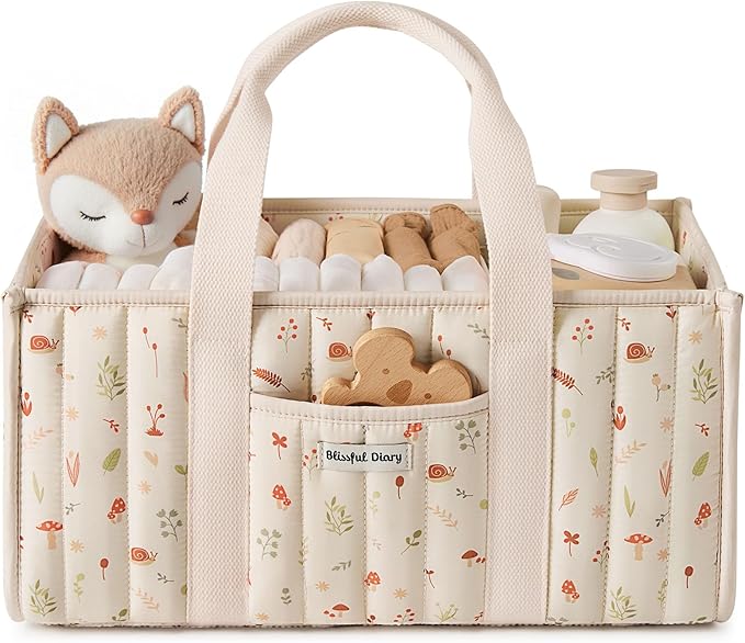 Blissful Diary Woodland Diaper Caddy Organizer, Stylish Nursery Storage Basket, Gift for Baby Shower, Newborn Essentials, Woo
