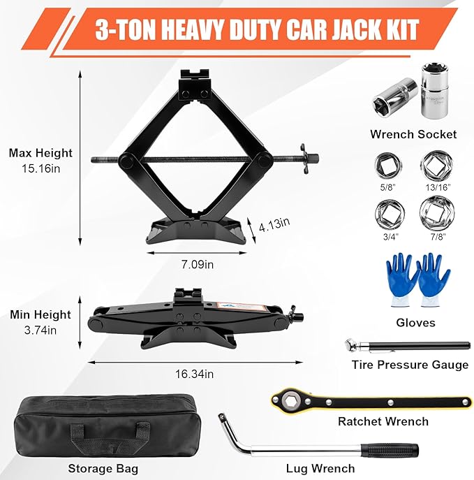 3 Ton (6610 Lbs) Car Jack, Universal Heavy Duty Scissor Jack, Professional Spare Tire Changing Kit with Lug Wrench, Portable 