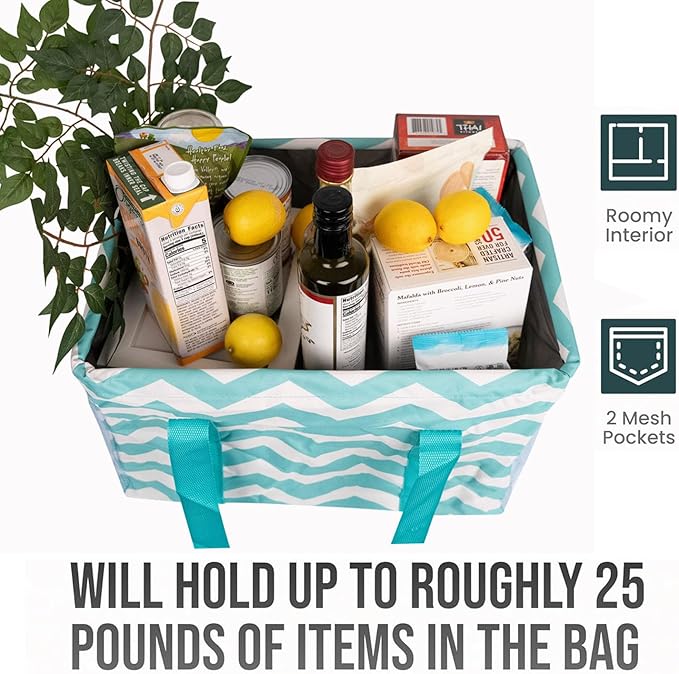 Extra Large Utility Tote Bag - Oversized Collapsible Tote with Wire Frame, Durable Reusable for Beach, Groceries, Laundry, Car Trunk, Storage and Travel - Includes 5x7 Bag with Hook - Chevron Teal